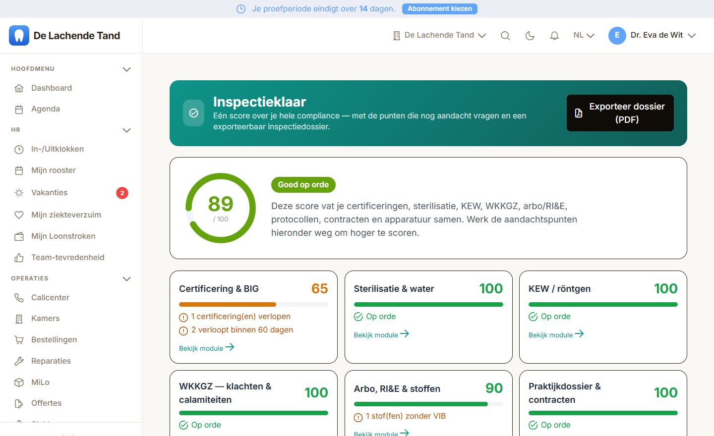 Het inspectieklaar-dashboard met één compliance-score in MyDentApp