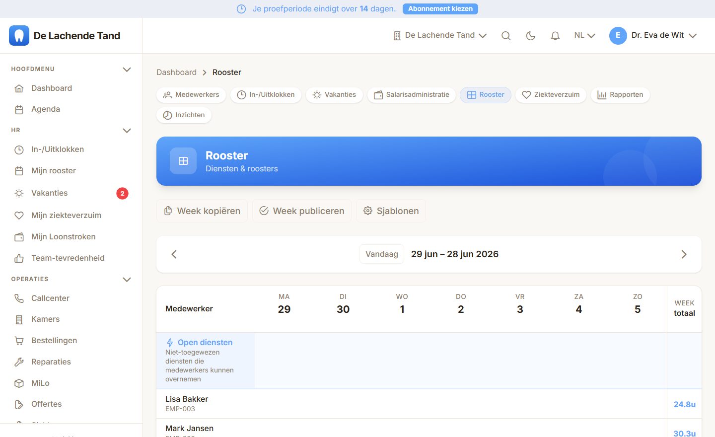 Het weekrooster in MyDentApp